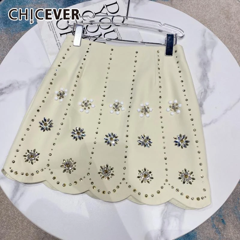 

CHICEVER Patchwork Diamonds Skirts For Women High Waist Spliced Zipper Hit Color Slimming Bodycon Mini Skirt Female Summer New