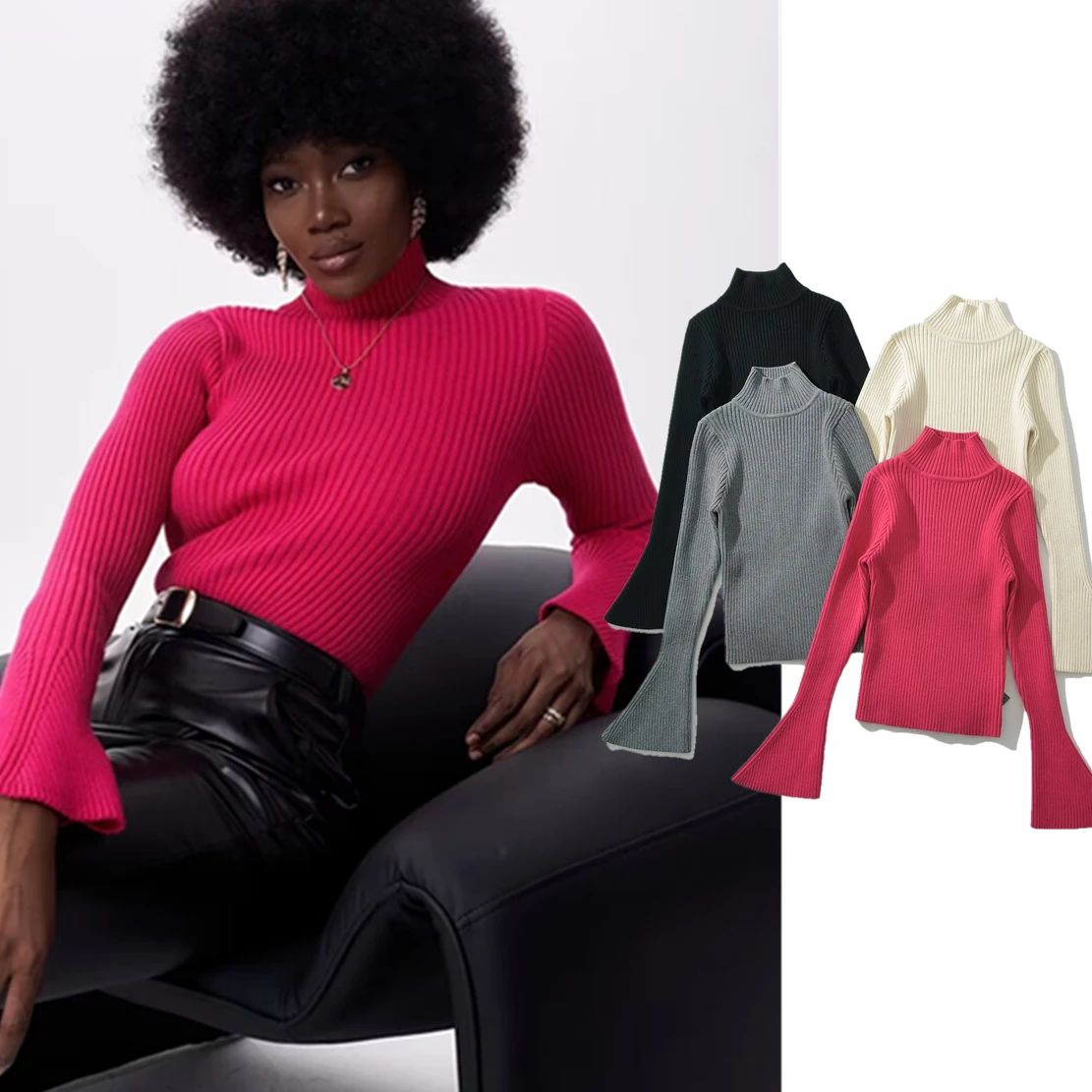 

Withered French Fashion Women's Basic Knitwear Tops For Winter High Neck Flare Sleeves Elegant Pullover Sweater Women