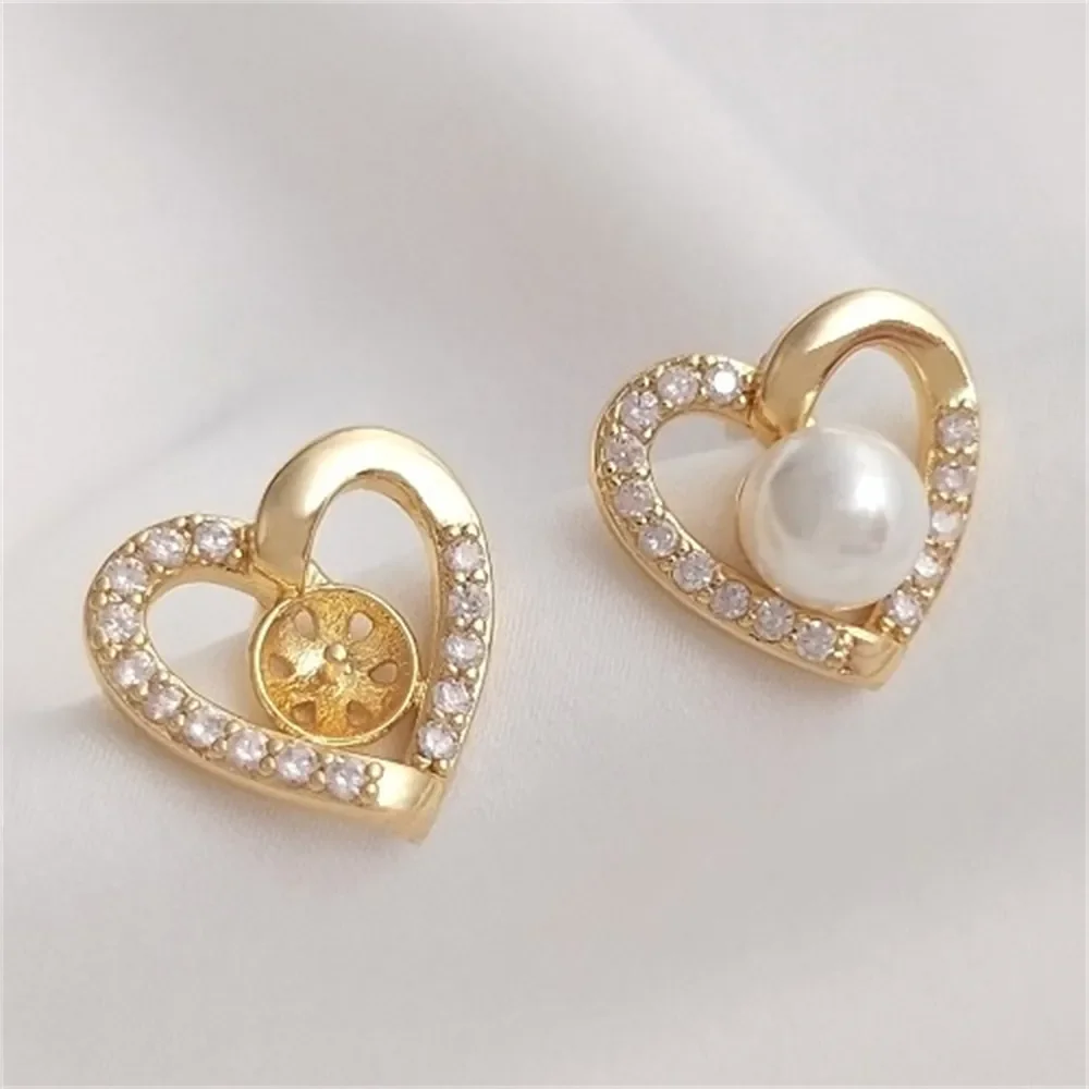 

14K Gold-plated Zircon Peach Heart Bead Earrings, Heart-shaped S925 Silver Needle DIY Pearl Earrings, Ear Accessories E140