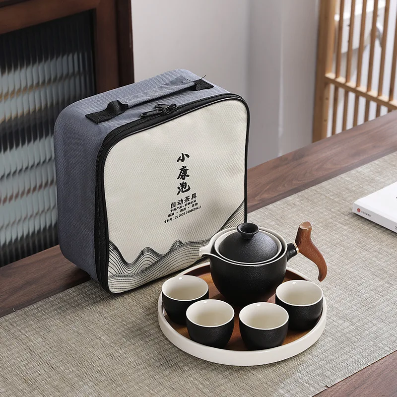 

Porcelain Chinese Gongfu Tea Set Portable Teapot Set with 360 Rotation Tea Maker and Infuser Portable All in One Gift Bag