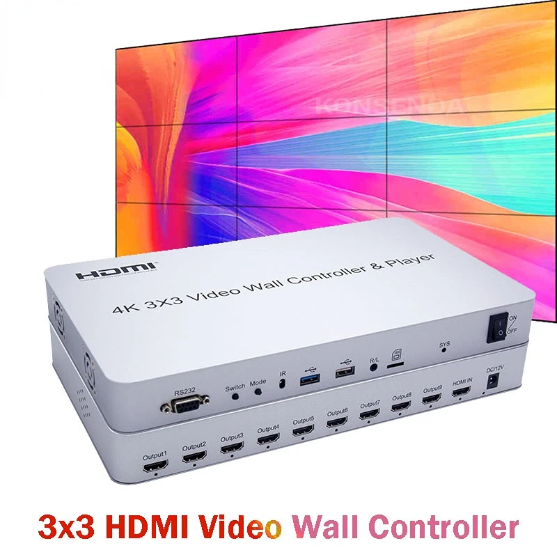 

4K 3x3 Video Wall Controller USB Player 3x3 Multi Screen Splicing Processor 2x2 1x3 1x4 2x4 4x2 HDMI Big Screen TV Wall Splicer