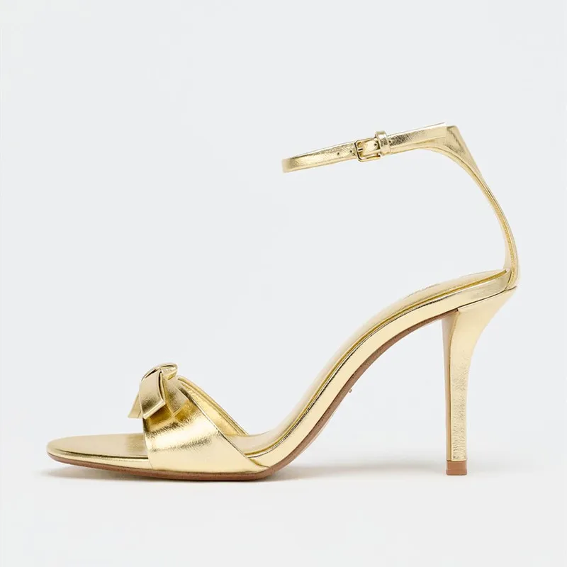 Crazy Gold Ankle Strap Thin Heeled Sandals Women Sexy Open Toe Butterfly Knot Designer High Heels Elegant Banquet Wedding Shoes 21 S93de002324a44eb98d0d31247100ae97M