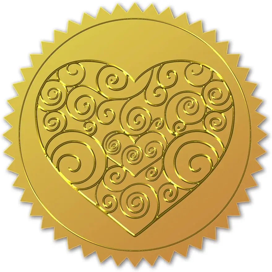 

100pcs Gold Foil Certificate Seals Heart Embossed Gold Certificate Seals 50mm Round Self Adhesive Embossed Stickers for Wedding