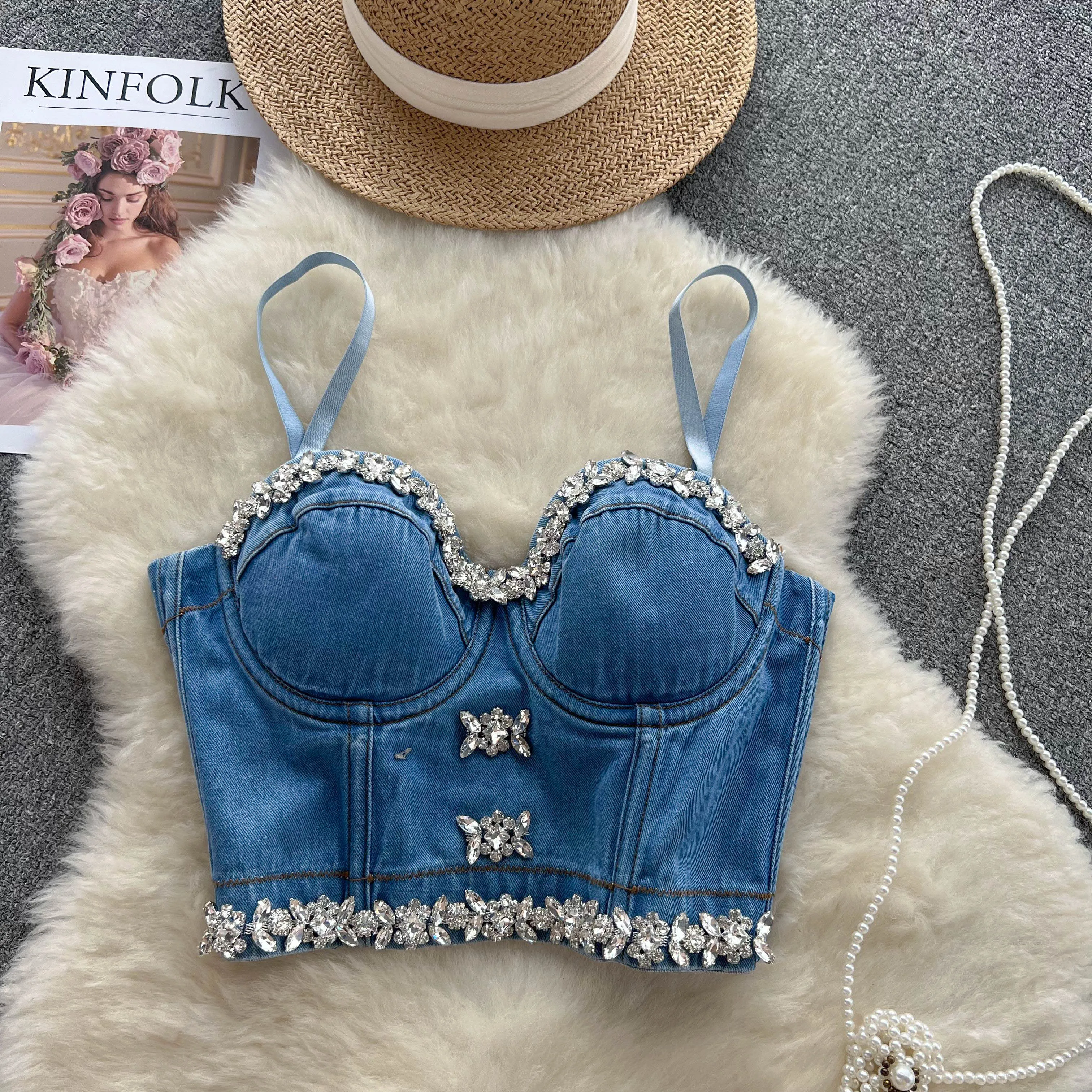 Summer Chic Heavy Industry Diamond Embedding Denim Bra Strap Top with Short Tank Top Inner Outer Wear
Summer Chic Heavy Industry Diamond Embedding Denim Bra Strap Top with Short Tank Top Inner Outer Wear