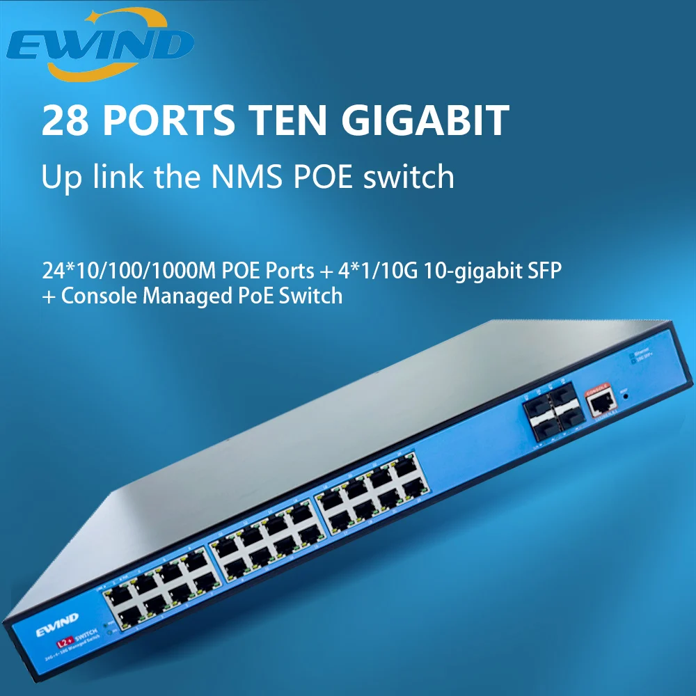

EWIND Gigabit L2+ Managed POE Switch 24*10/100/1000M Base-T RJ45 Ports with 4*1G/2.5G/10G SFP+ Fiber Slot Support QOS/DHCP/VLAN