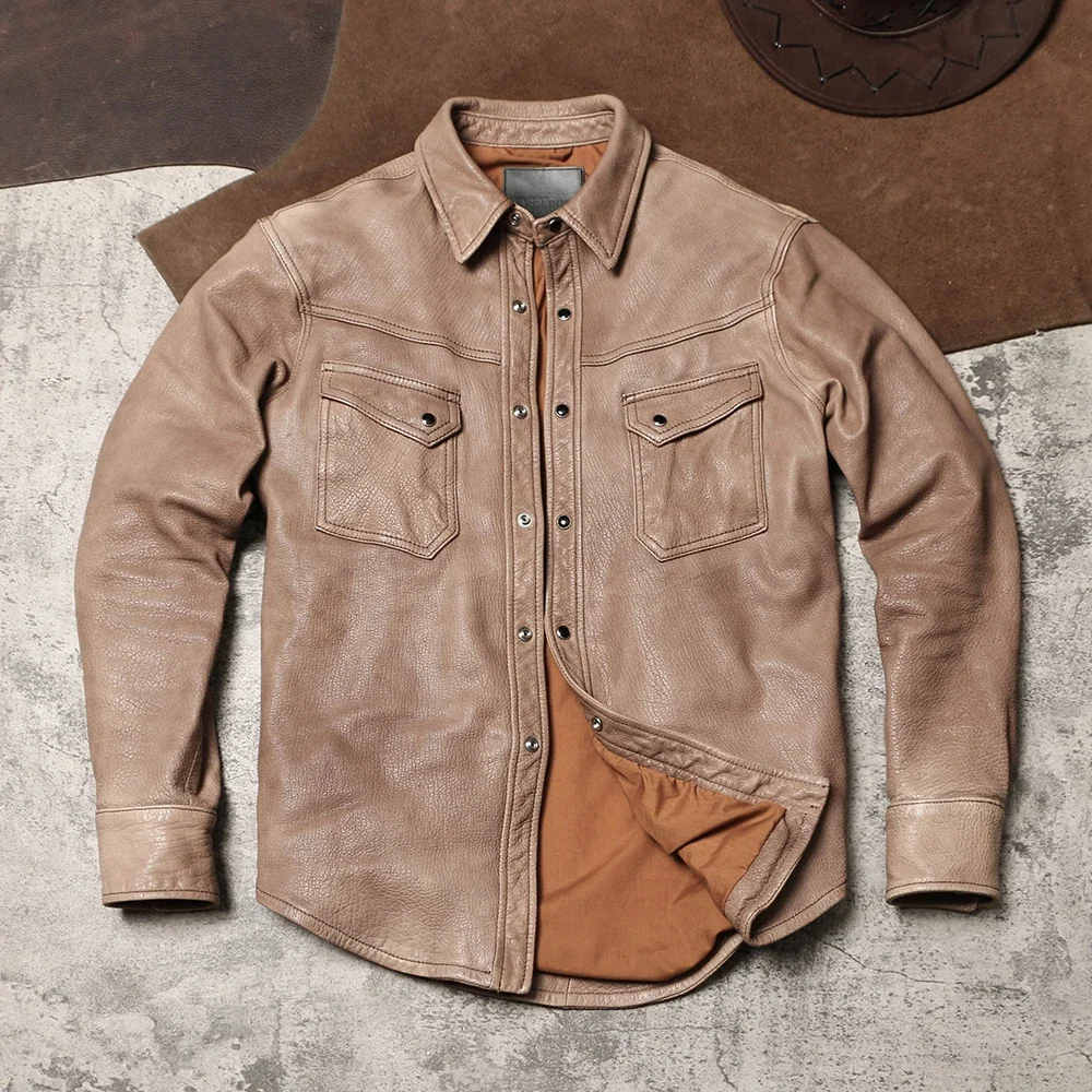 American Vintage RL Leather Shirt Washed Distressed Goatskin Leather Jacket Spring and Autumn Lapel Slim Fit Leather Shirt
American Vintage RL Leather Shirt Washed Distressed Goatskin Leather Jacket Spring and Autumn Lapel Slim Fit Leather Shirt