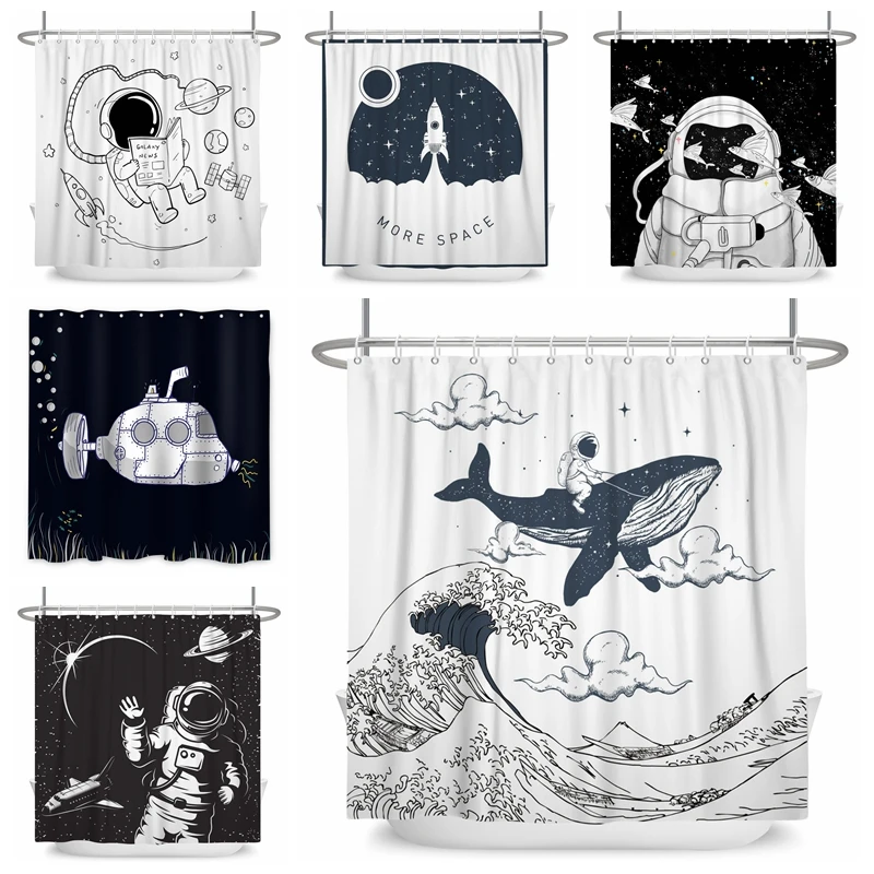 

Funny Cartoon Astronaut Shower Curtains for Bathroom Black and White Waterproof Bath Curtain and Anti-mold with Hooks Set