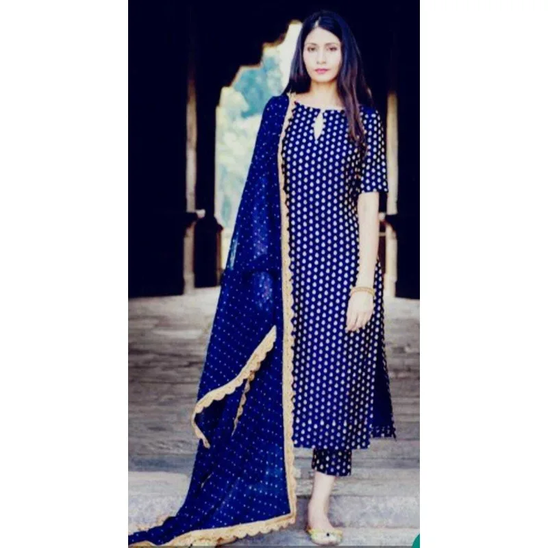 

Indian Palazzo Kurta Set Dupatta Designer Blue Kurti Stitched Salwar Kameez Set