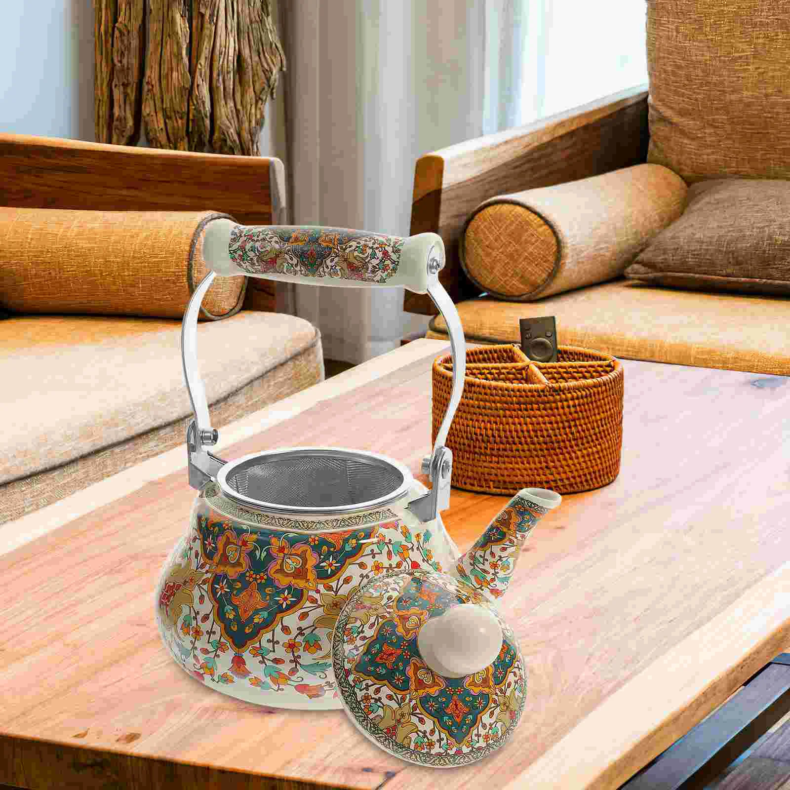 

Enamel Water Kettle Filter And Cool Handle 1.5L Vintage Flower Teapot Stovetop Porcelain Water Jug Farmhouse Coffee Pot
