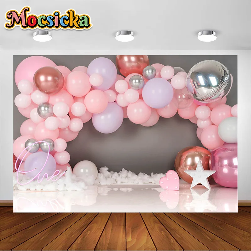 

Mocsicka фон для фотосъемки новорожденных на 1-й день рождения с изображением торта раздавленный фон розовый синий воздушный шар баннер для детей портретная фотокамера