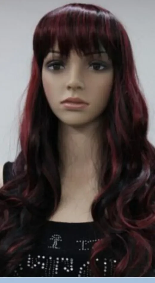 

Парик черный + бордовый смешанные длинные волнистые женские повседневные парики челки