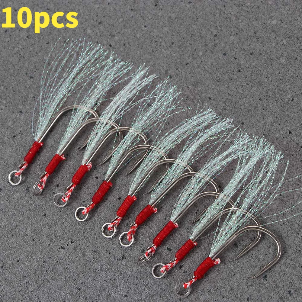 

10pcs/Lot Fishing Lure Slow Jigging Fishing Cast Jigs Assist Hook Barbed Single Jig Hooks Thread Feather Pesca High Carbon Steel