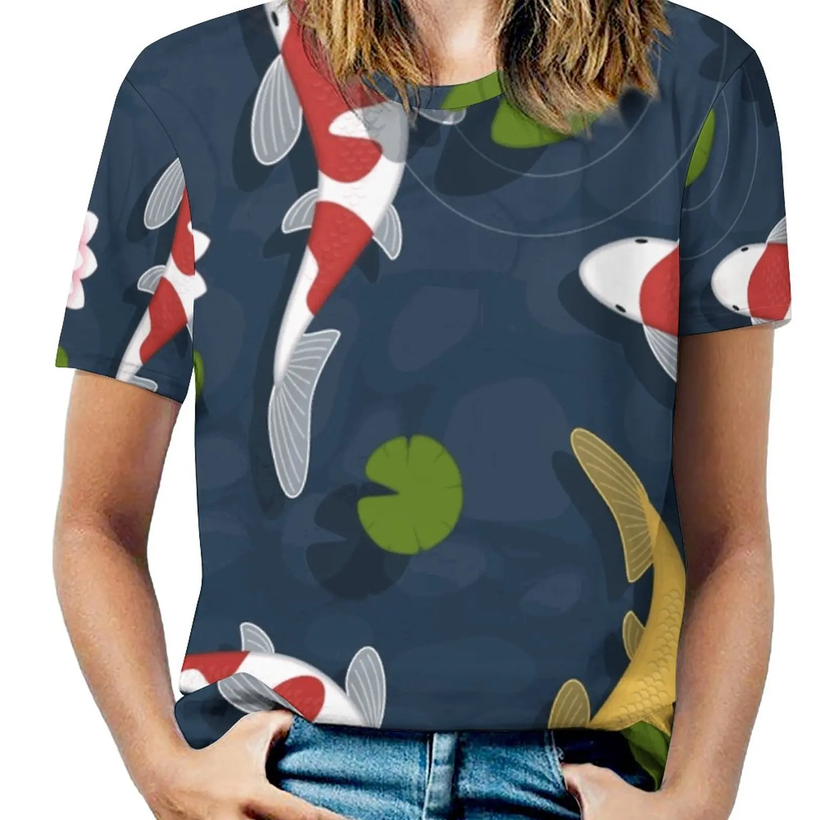 Футболка женская с круглым вырезом и принтом рыбного пруда
Футболка женская с круглым вырезом и принтом рыбного пруда