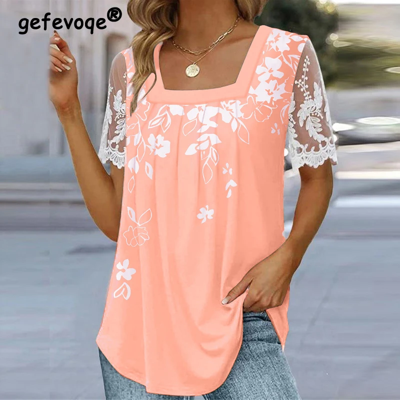 

Women Ruffled Square Collar Print Lace Patchwork Elegant T Shirt Summer Fashion Casual Short Sleeve Loose Tunic Tops Ropa Mujer