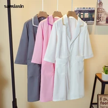 Korean style white coat Scrub Uniforms Dress Robe White Women Nursing Scrubs Jacket SPA Beautician Veterinary Work Wear Uniform