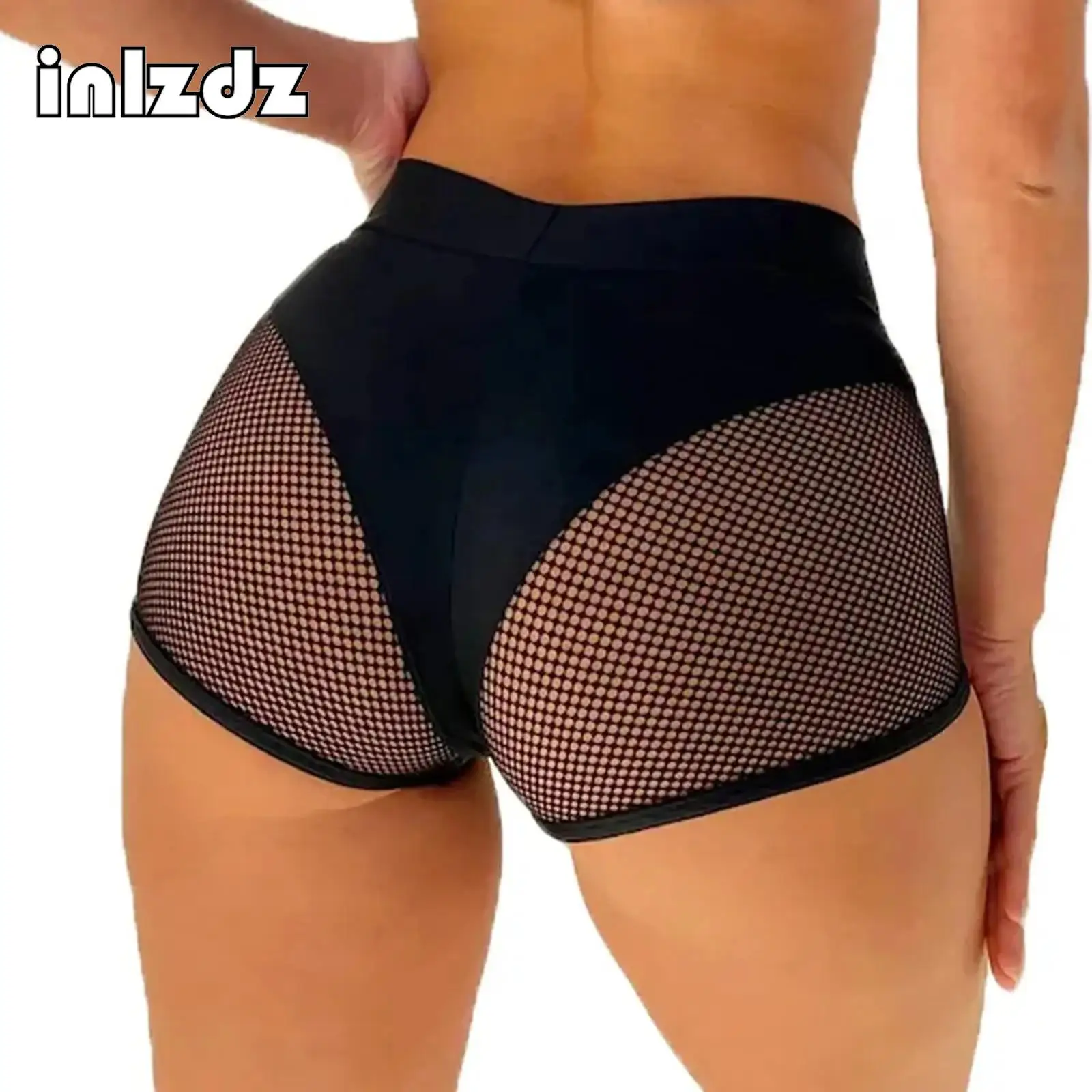 

Womens Hollow Out Fishnet Booty Shorts Mid Waist Elastic Waistband Hot Pants for Sports Fitness Workout Yoga Pole Dancing