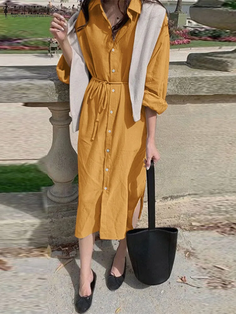 

Осень 2023, женское платье ZANZEA с длинным рукавом, однотонное хлопковое Бандажное элегантное платье миди с отложным воротником, повседневные платья с пуговицами и разрезом на подоле