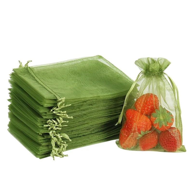 

100PCS Fruit Protection Bags, 8X12 Inch Green Fruit Netting Bags Drawstring Mesh Bags Set Fruit Cover Pest Barrier
