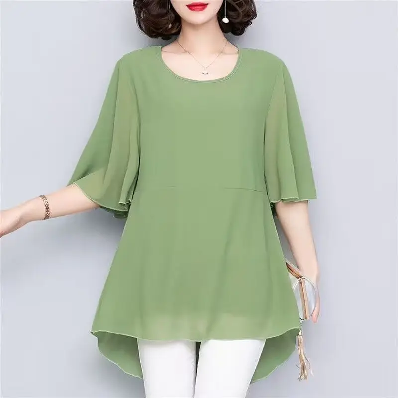 

Summer Korean Fashion Patchwork Solid Color O-neck Short Sleeve Chiffon Blouse Ladies Casual Ruffles Pullover Loose Women Shirts
