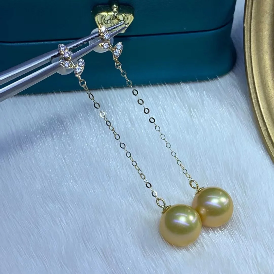 Серьги DL с жемчугом, Изящные Ювелирные изделия, твердые серьги-подвески из 18-каратного золота 9-10 мм с круглым жемчугом цвета морской воды, висячие серьги для женщин, изящные подарки 
Серьги DL с жемчугом, Изящные Ювелирные изделия, твердые серьги-подвески из 18-каратного золота 9-10 мм с круглым жемчугом цвета морской воды, висячие серьги для женщин, изящные подарки