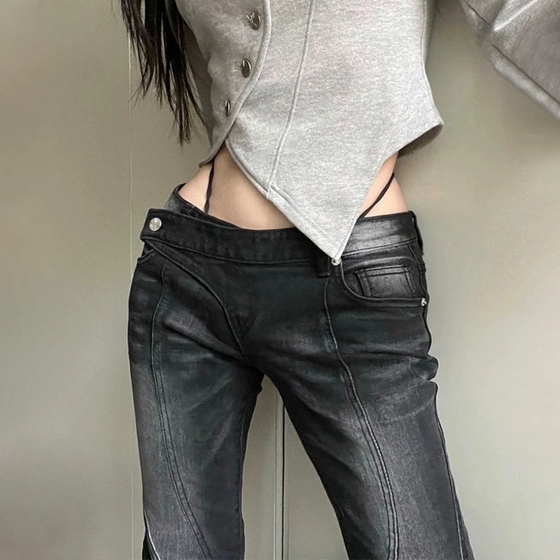 

New Vintage Distressed Low Waist Jeans Grunge Asymmetrical Waist Denim Pant Korean Fashion Black Flare Jeans Kpop Streetwear