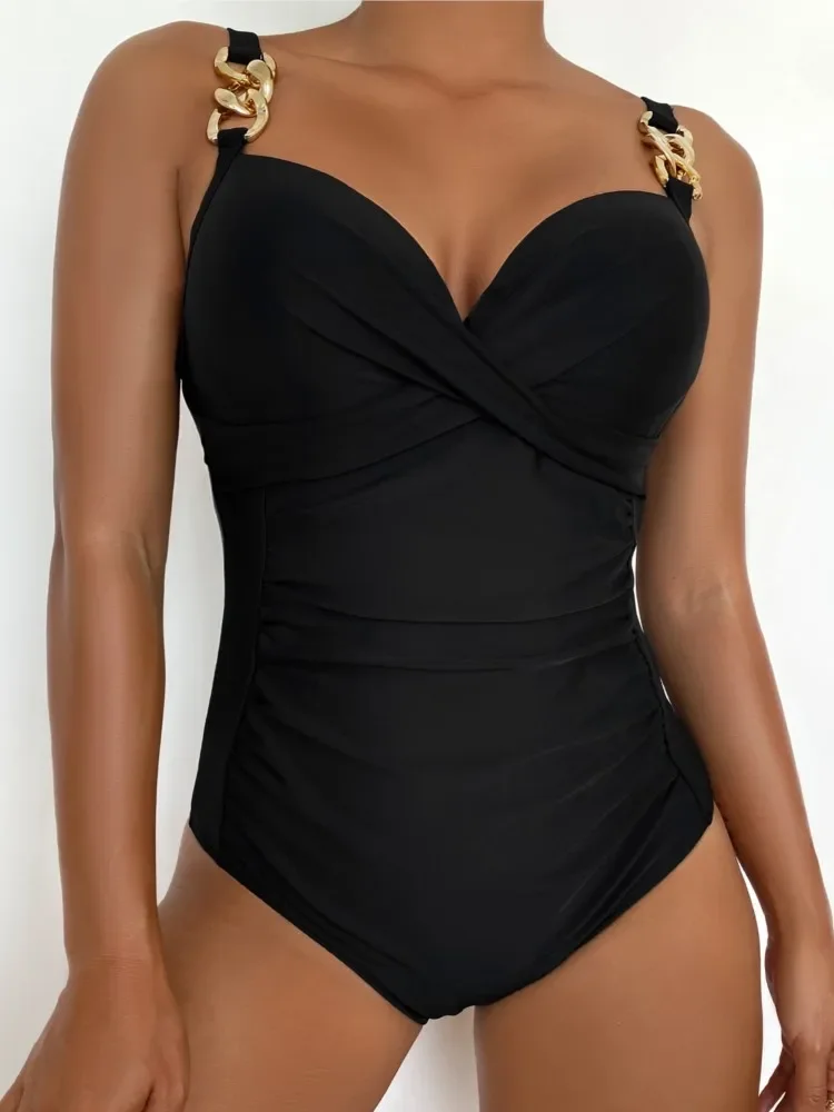 

Chain Shoulder One Piece Swimsuit Women 2023 Retro Vintage Ruched Tummy Control Plus Size Swimwear Female Bathing Suit Monokini