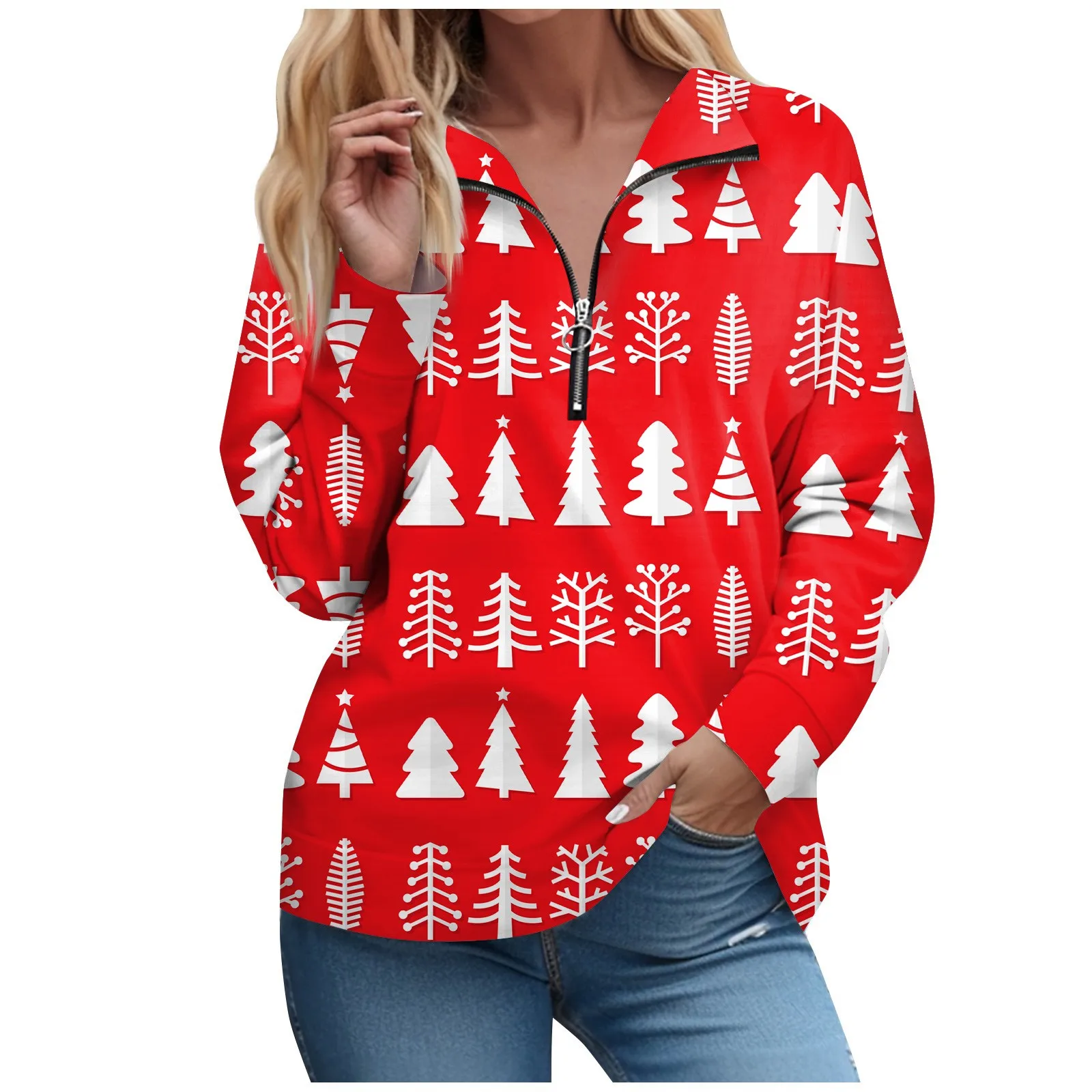 

Pullover Fashionable V-Neck Zipper Women Pullover Sweater Fashion Long Sleeves Christmas Printed Women Sweatshirts 한국 동대문 고퀄 의류