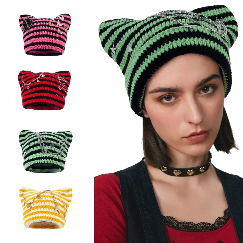 Женская вязаная шапка с котенком, в готическом стиле, в полоску
Женская вязаная шапка с котенком, в готическом стиле, в полоску