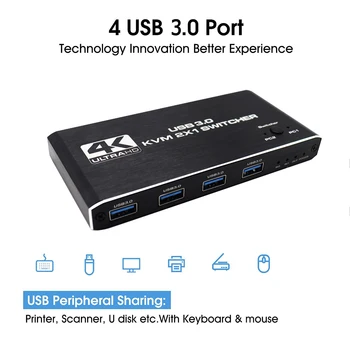 USB KVM 스위치 HDMI 호환 3.0 스위처, 키보드 및 마우스 EDID / HDCP 프린터 2 PC 공유, 2 인 1 아웃, 4K 상품 이미지