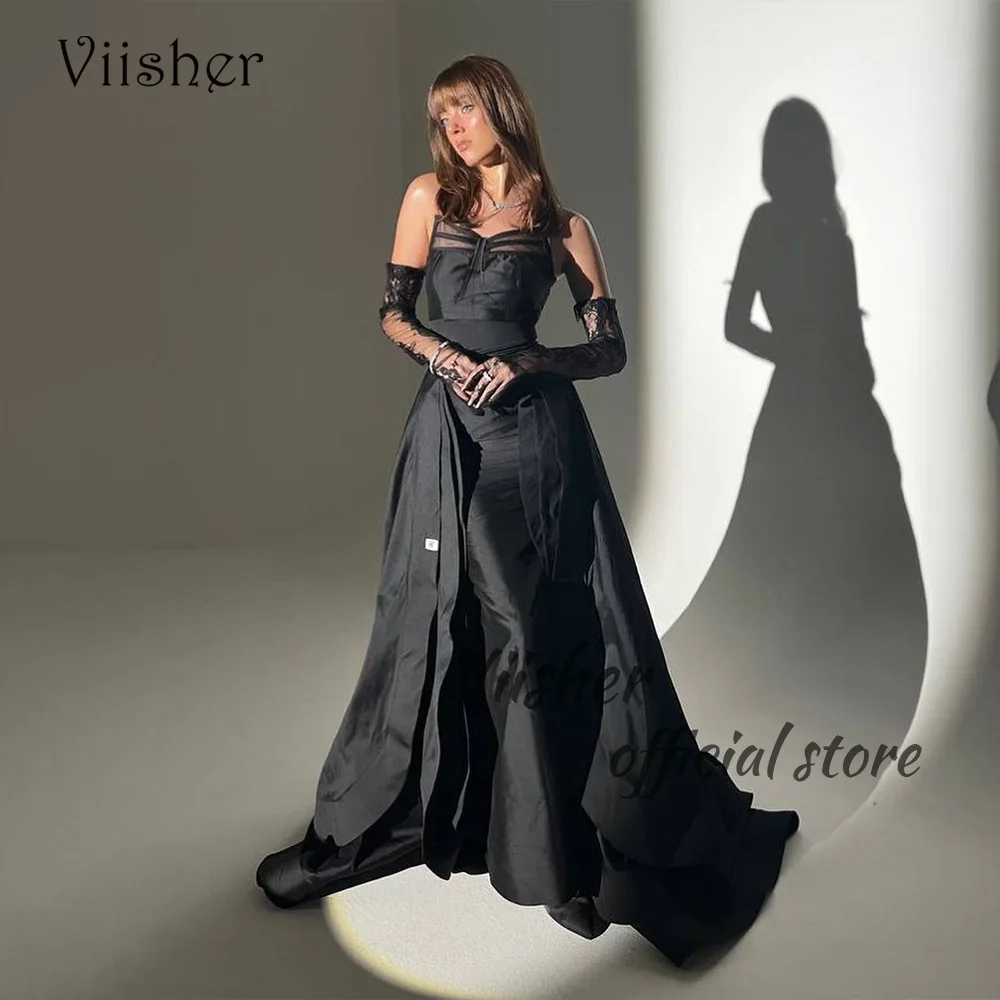 

Viisher Black Mermaid Evening Dresses Pleats Satin Sweetheart Prom Party Dress with Skirt Tight Long Celebrate Event Gowns