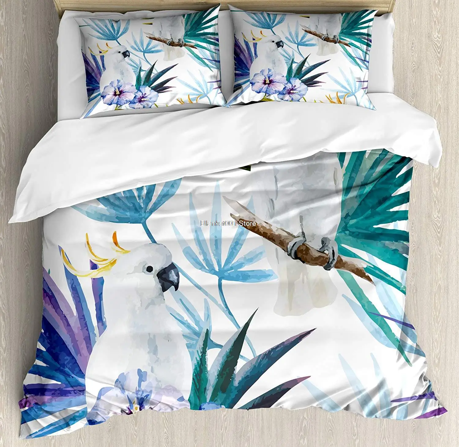 

Tropical Duvet Cover Set Watercolor White Parrot Birds on Palm Tree Branches Leaves Exotic Nature Artwork Decorative 3 Piece Bed