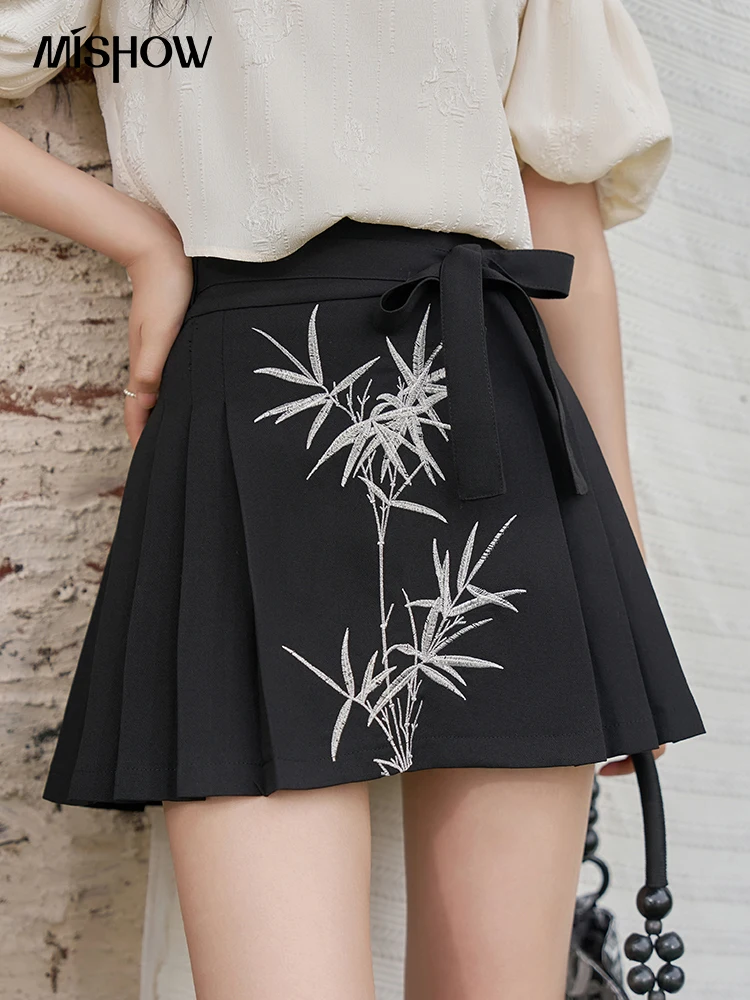 

MISHOW Chinese Printing A-line Short Skirt 2024 Summer Bamboo Embroidery Temperament Tie Bow high waist Pleated Skirt MXD21B0347