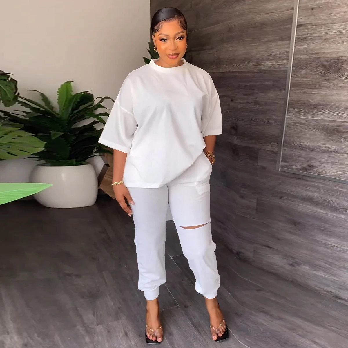 Spring Summer Women Two Piece Set Casual Loose O Neck Half-sleeve Top and Slim Hole Pencil Pants Set Tracksuit Women Two Piece
Spring Summer Women Two Piece Set Casual Loose O Neck Half-sleeve Top and Slim Hole Pencil Pants Set Tracksuit Women Two Piece