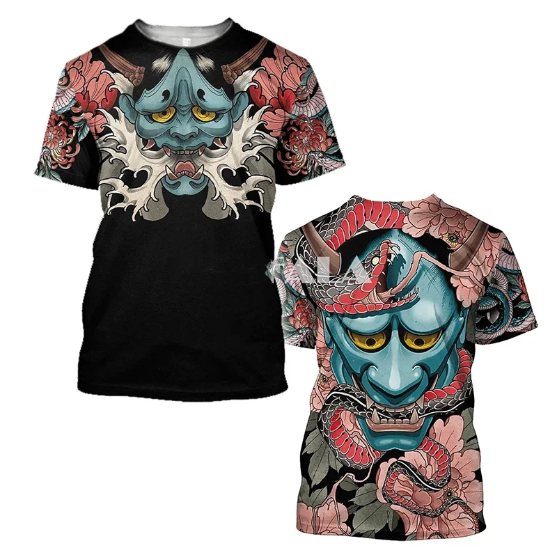 

Новая мужская футболка с татуировкой самурая, модная футболка с 3D принтом маски с татуировкой и коротким рукавом, женская футболка в стиле Харадзюку и панк, унисекс, 6XL