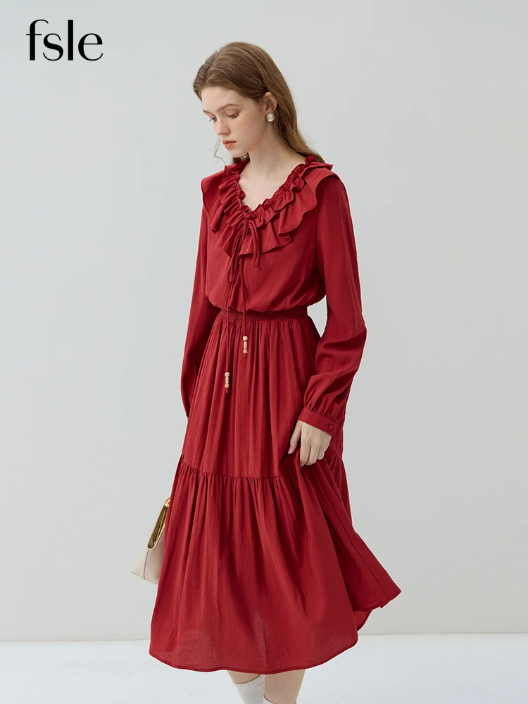 

FSLE Ruffle Neck Long Sleeve Waist Women Dresses 2023 Autumn Retro Red Office Lady A-LINE Skirts Sweet Female Mid-Calf Dress