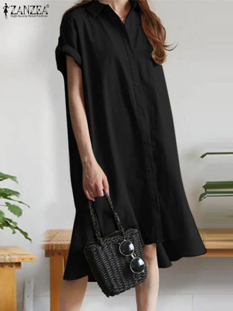 Летний модный свободный сарафан с отложным воротником и коротким рукавом ZANZEA, Стильное женское однотонное платье-рубашка, женское Повседневное платье для работы, миди-платье 
Летний модный свободный сарафан с отложным воротником и коротким рукавом ZANZEA, Стильное женское однотонное платье-рубашка, женское Повседневное платье для работы, миди-платье