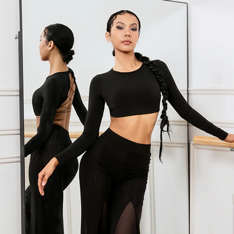 

Сексуальные топы для латиноамериканских танцев с открытой спиной, черный с длинным рукавом, Румба, Самба, тренировочная одежда, танцевальный костюм ChaCha, одежда для выступлений DL11639