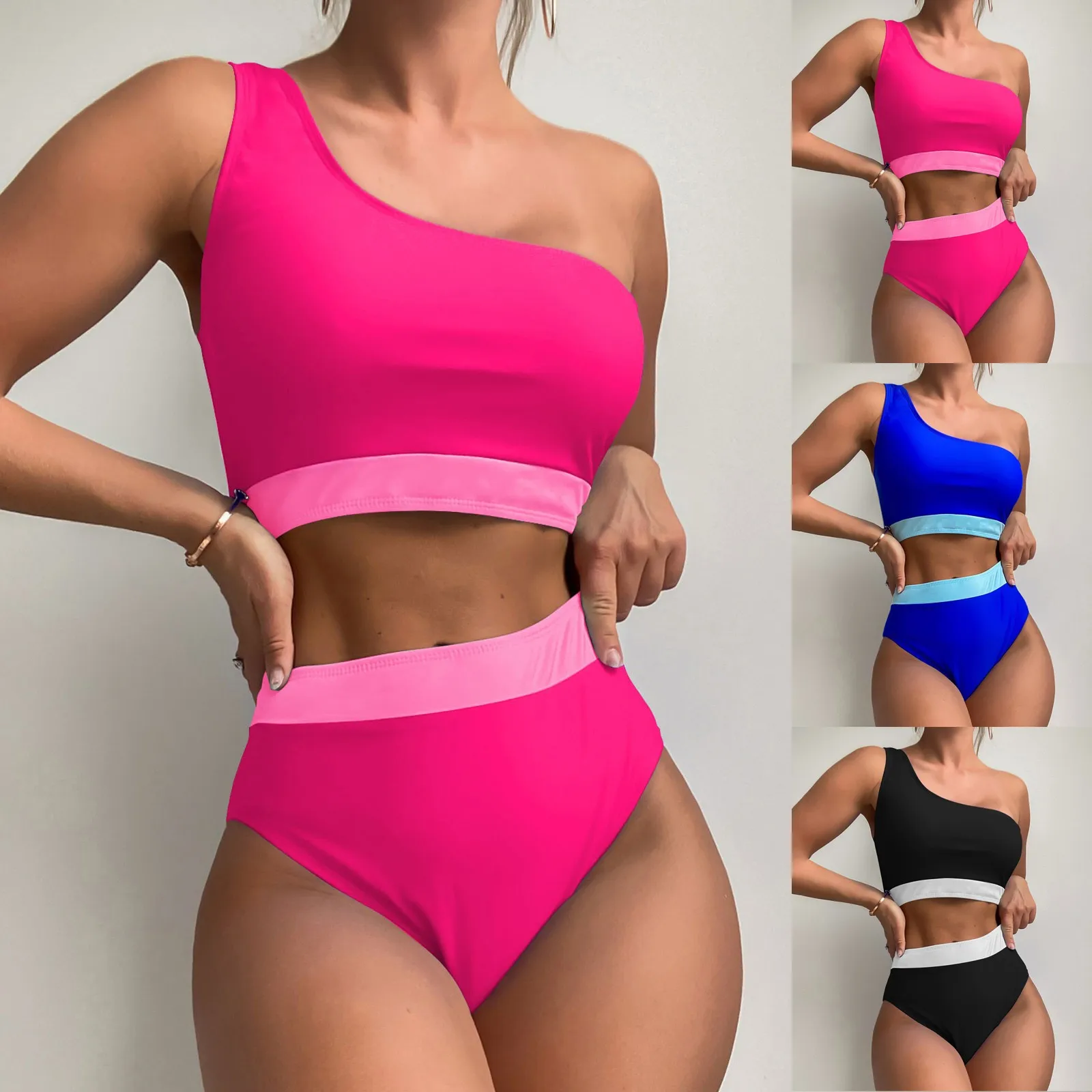 

Women's New Colored One Shoulder High Waist Sexy Bikini Split Swimwear Set Bandage Micro Bikinis swiming