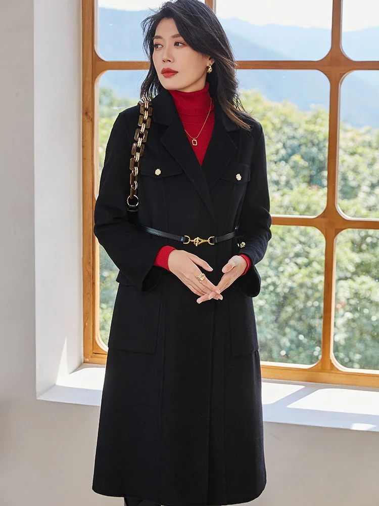 AIGYPTOS Fall Winter Warm 100%Wool Coat For Women Korean Fashion Elegant Long Double-Face Wool Coats Black Woolen Coat With Belt 
AIGYPTOS Fall Winter Warm 100%Wool Coat For Women Korean Fashion Elegant Long Double-Face Wool Coats Black Woolen Coat With Belt