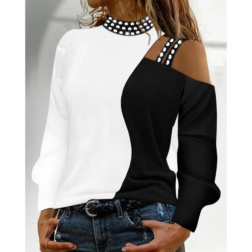 Women Rhinestone Decor Colorblock Cold Shoulder White Tee Top 2022 Femme Long Sleeve Casual Lady Blouse New T Shirt traf
Women Rhinestone Decor Colorblock Cold Shoulder White Tee Top 2022 Femme Long Sleeve Casual Lady Blouse New T Shirt traf