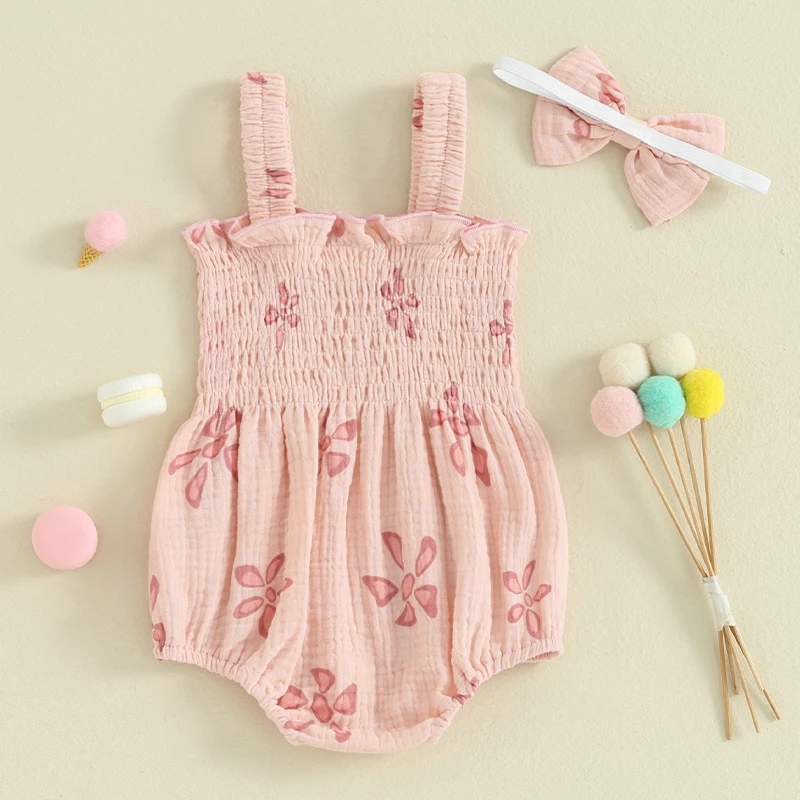 

Newborn Infant Baby Girl Floral Romper Sleeveless Strap Smocked Cotton Linen Bubble Bodysuit Flower Jumpsuit Shorts