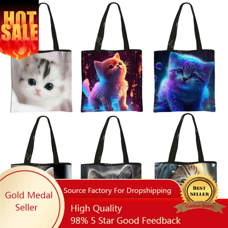 

Cute Cat Print Tote Bag Kitten Shopping Bag Felinae/Siamese Cat Handbag Shoulder Large Capacity Totes Shopper Bag