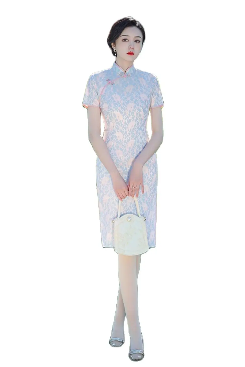 

Spring Summer New Elegant Slim-fit Lace Cheongsam Women's Fashion Mid-length Short-sleeved Retro Chinese Traditional Qipao Dress