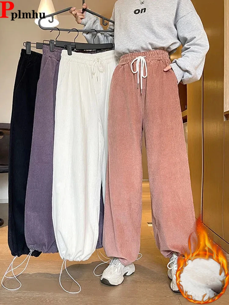 

Winter Warm Velvet Lined Jogger Pants Korean Plush Elastic High Waist Pantalones Casual Baggy Snow Wear Straight Calca New 2023