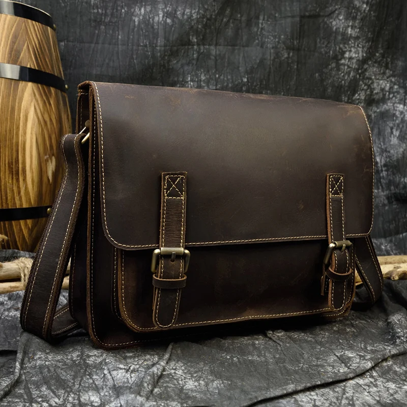

Vintage Genuine Leather Men Shoulder Bags Real Crazy Horse Leather Big Laptop Briefcase A4 Messenger Bag Brown Casual Work Bag