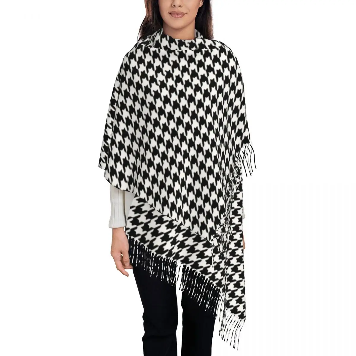 

Women's Scarf with Tassel Houndstooth Black And White Pattern Large Winter Warm Shawl Wrap Gifts Pashmina Scarves