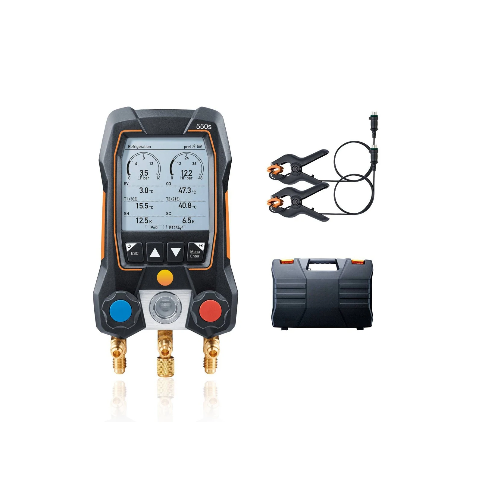 Testo 550S Digital Refrigerant Pressure Meter Bluetooth 2 Valves Manifold with Fixed Cable Clamp Temperature Probes 0564 5501
Testo 550S Digital Refrigerant Pressure Meter Bluetooth 2 Valves Manifold with Fixed Cable Clamp Temperature Probes 0564 5501