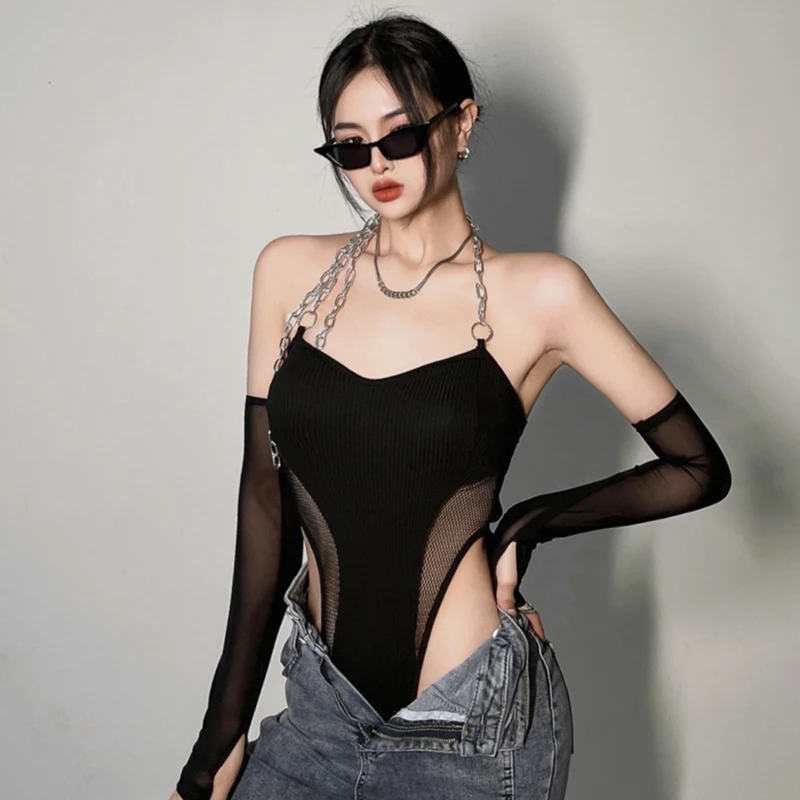 

Women's Bodysuit Sexy backless Retro Chain Halter Gauze Splicing Slim Sexy Bodycon Long Sleeves Basic Jumpsuit Top
