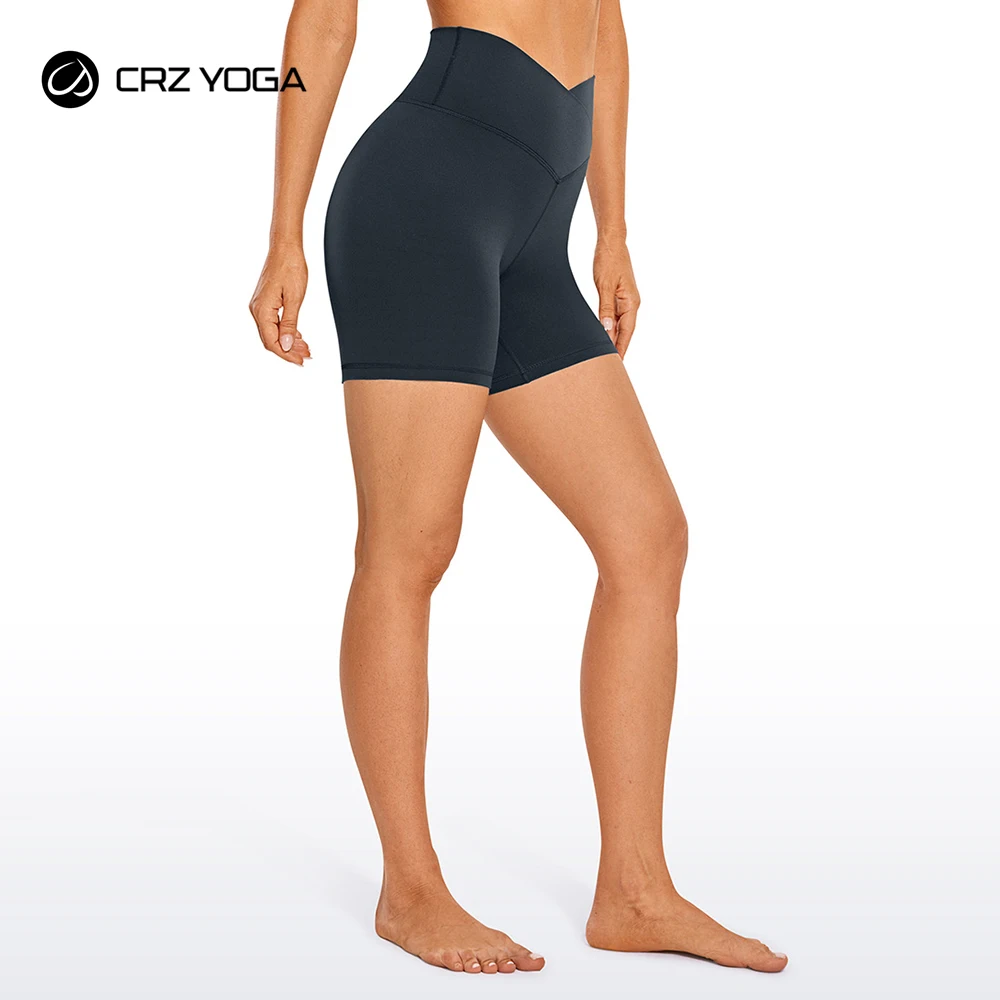 

CRZ YOGA Womens Butterluxe Crossover Biker Shorts 5 Inches - Criss Cross High Waisted Workout Yoga Shorts Buttery Soft