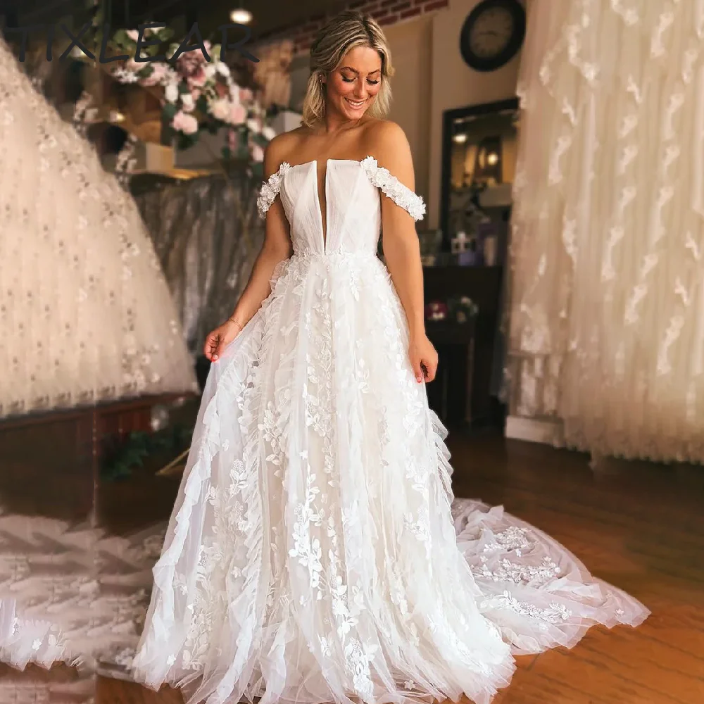 

Женское свадебное платье-трапеция TIXLEAR, классическое платье с открытыми плечами, на бретельках, с кружевной 3D аппликацией и цветами, 2024